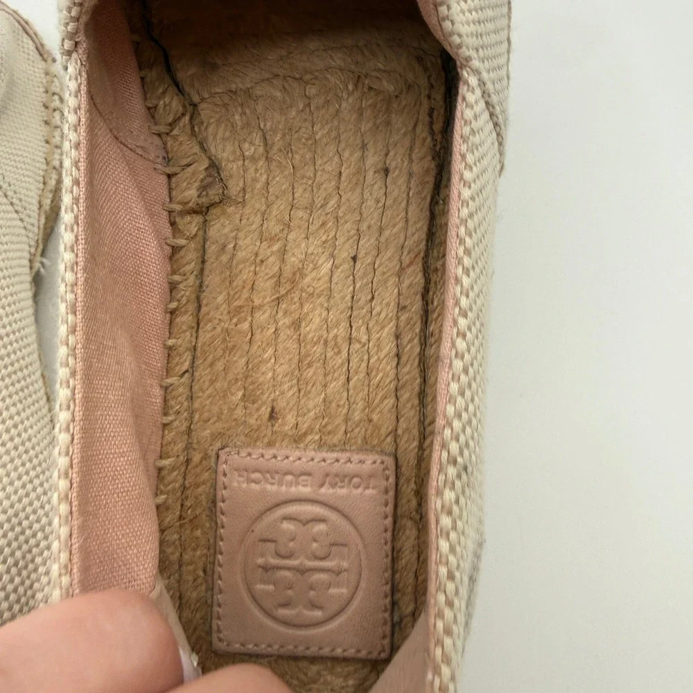 Tory Burch Espadrilles Women 8 Beige Pink Leather Logo Toe Cap Flat Slip On Shoe